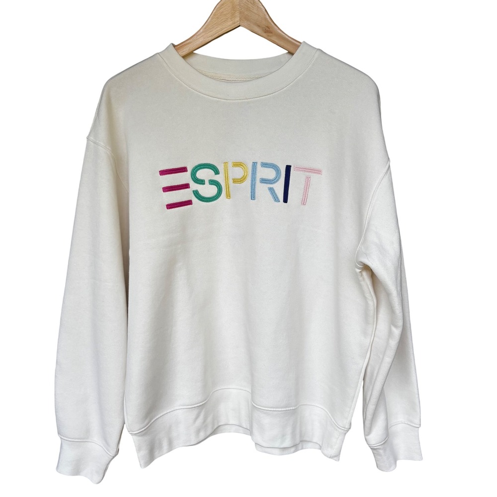 NEW Medium Esprit Womens Logo Fleece Crewneck Sweatshirt Cream Viral 80's Costco